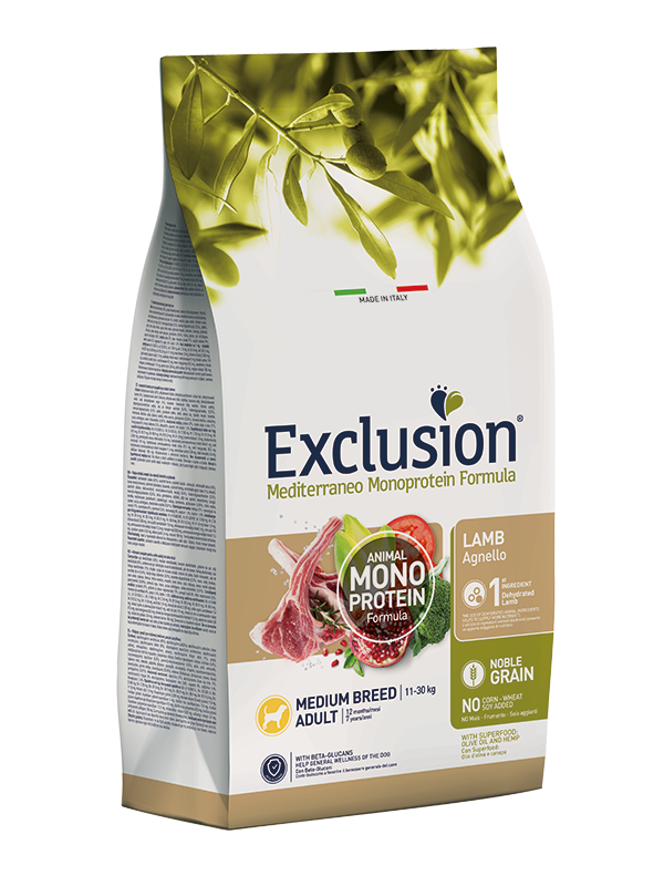 Exclusion Mediterraneo Monoprotein Fórmula Noble Grain Lamb Croquetas con cordero para perros adultos de tamaño mediano, bolsa de 3 kg
