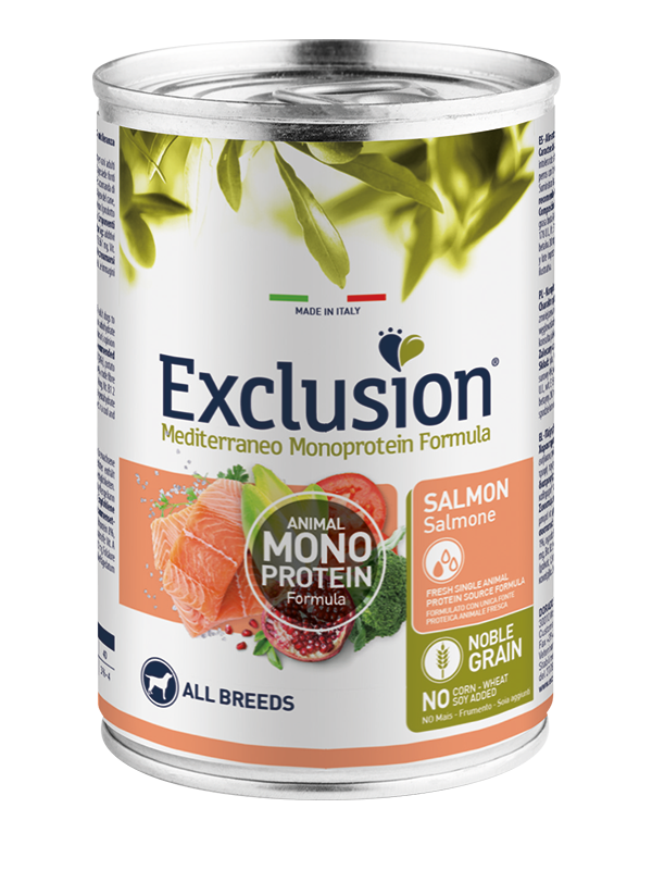 Exclusion Mediterraneo Monoprotein Noble Grain Comida húmeda de salmón para perros adultos Lata de 400 g