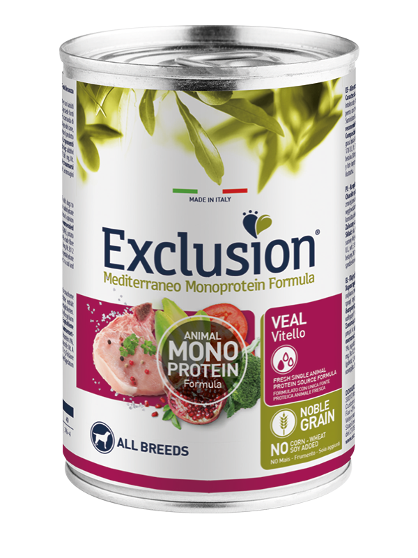Exclusion Mediterraneo Monoprotein Noble Grain Comida húmeda de ternera para perros adultos Lata de 400 g