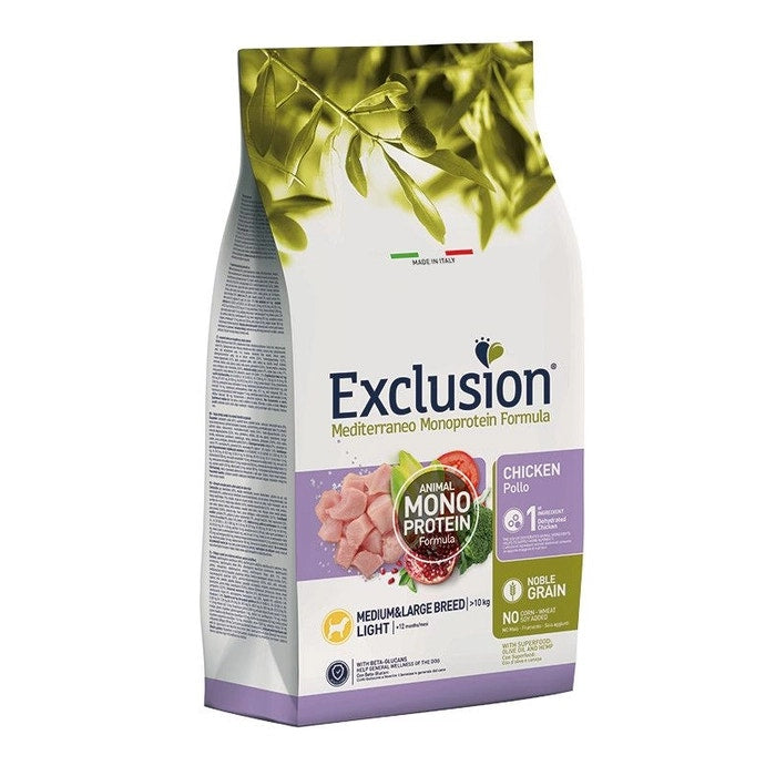 Exclusion Mediterraneo Monoprotein Noble Grain Croquetas de Pollo Light para Perros, Saco de 12 kg