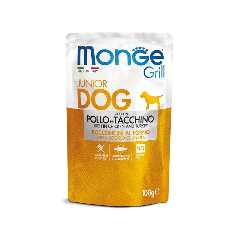 Monge Grill Puppy & Junior Bocaditos con Pollo y Pavo para Perros 100 g