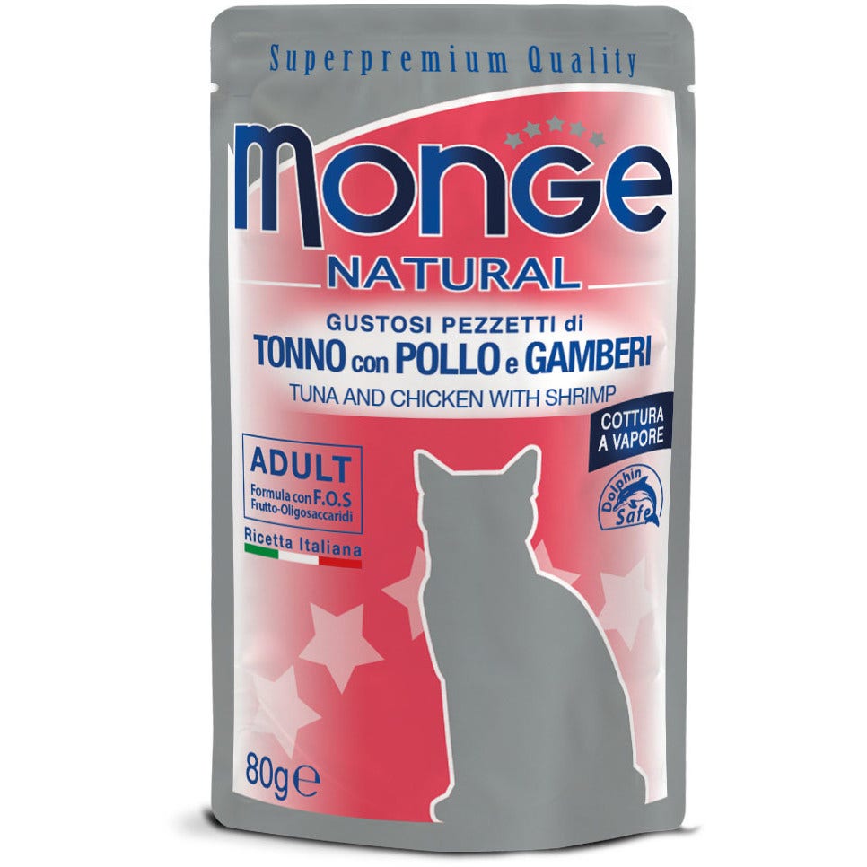 Monge Natural Superpremium Cocido al Vapor Atún, Pollo y Gambas Comida Húmeda para Gatos Adultos 80 g