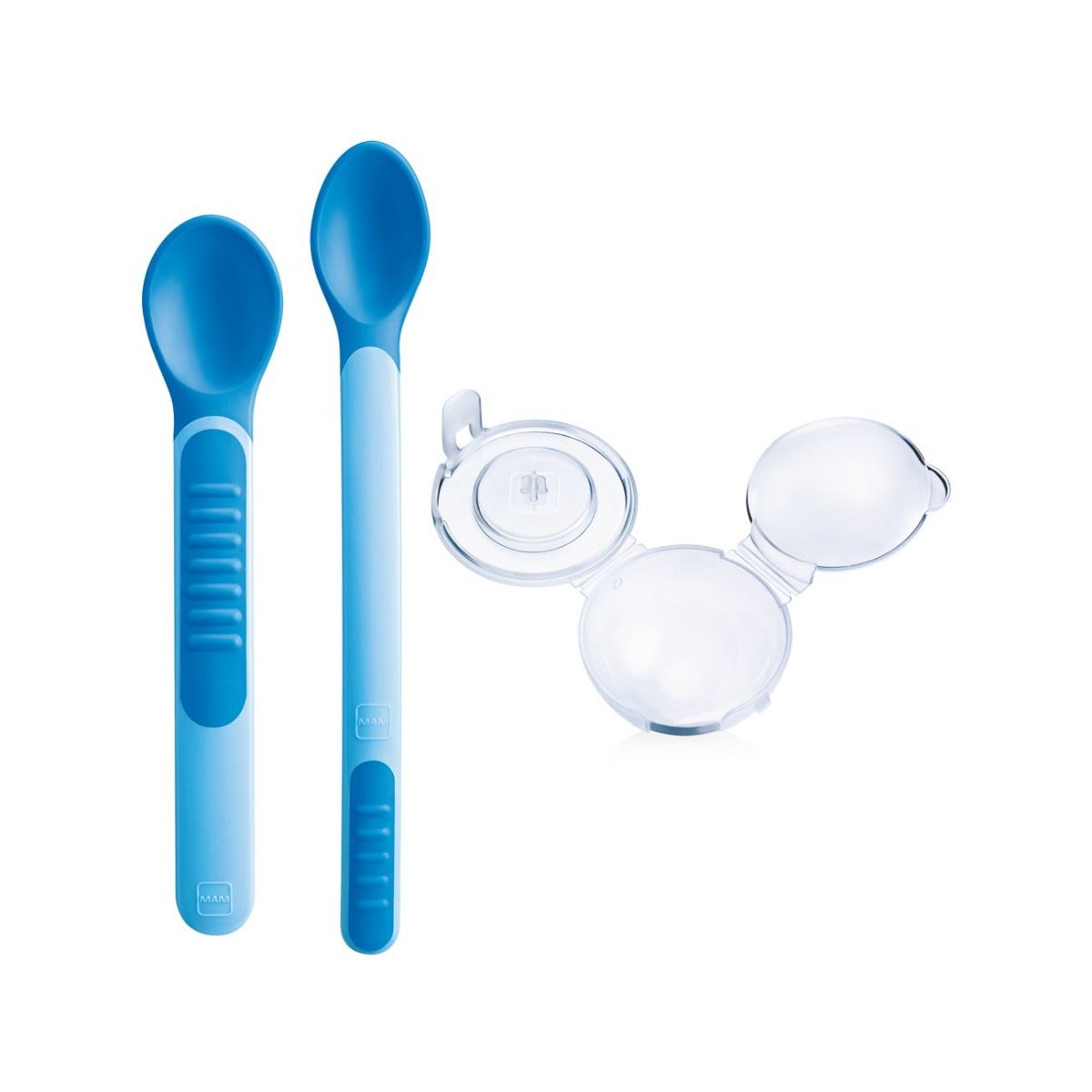 Mam Heat Sensitive Spoons & Cover Set Cucharas azules con tapa 6 meses+