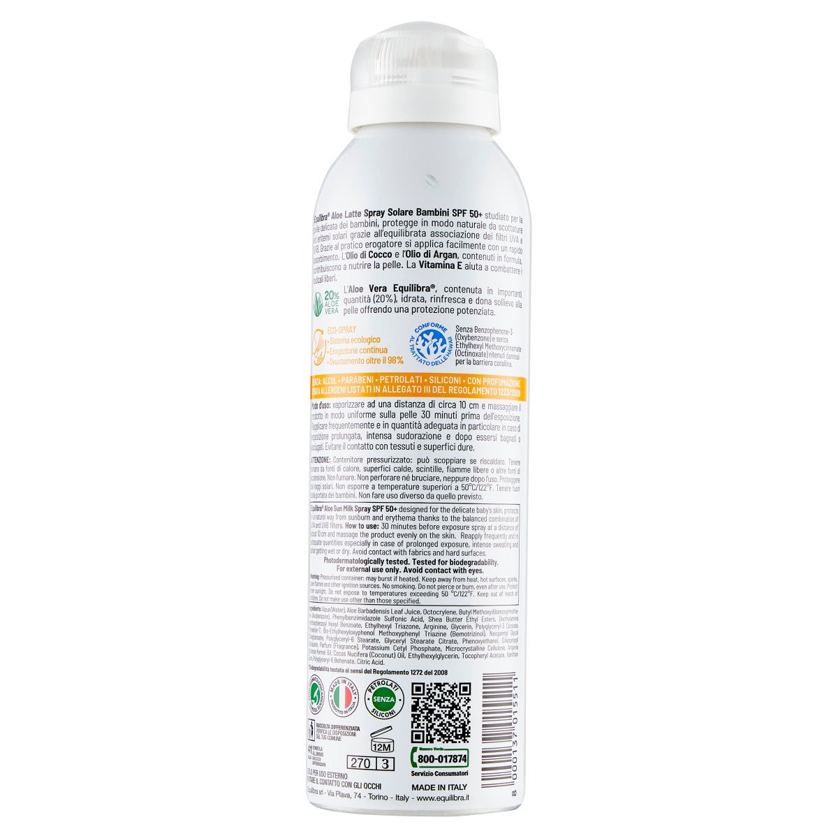 Equilibra Aloe Latte Spray Solare Corpo Bimbi Pelle Delicata SPF50+ 150ml