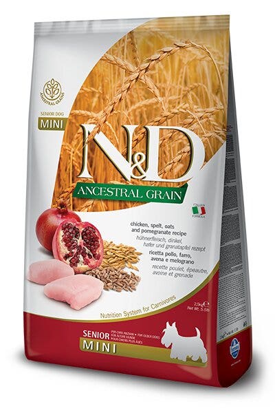 Farmina N&D Ancestral Grain Pollo y Granada Perros Senior Tamaño Mini Saco 2,5 kg
