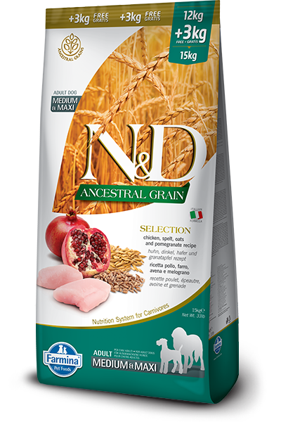 Farmina N&D Ancestral Grain Selection Pollo y granada para perros adultos de tamaño mediano y grande, saco de 15 kg
