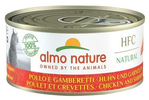 Almo Nature HFC Natural Comida húmeda de pollo y gambas para gatos adultos, lata de 150 g