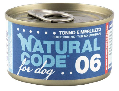Natural Code 06 Atún y bacalao para perros adultos, lata de 90 g
