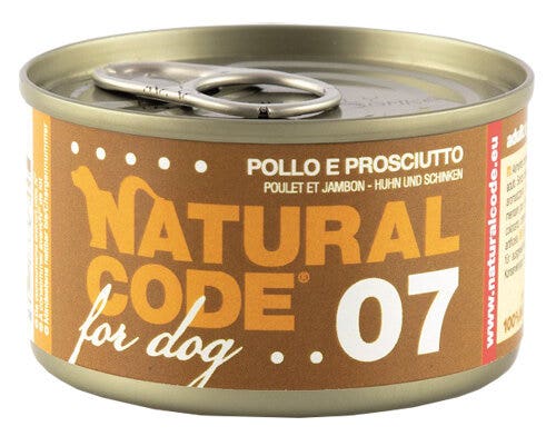 Natural Code 07 Pollo y jamón para perros adultos, lata de 90 g