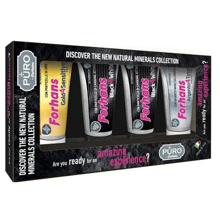 Forhans Minerals Collection Dentifricio Black4White 2x12ml + Gold4Sensitive Teeth 12ml + Argento4Total Protection 12ml