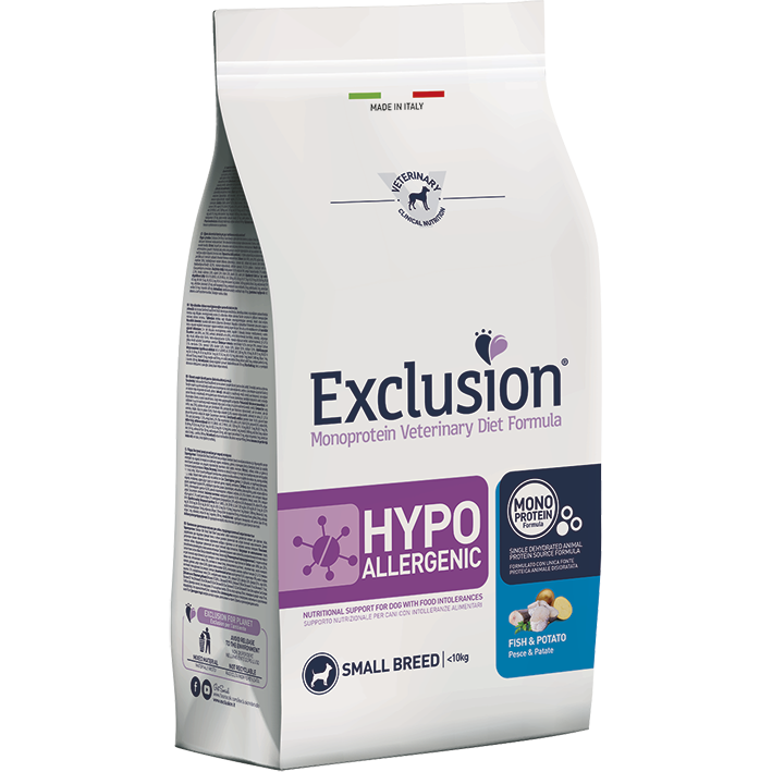 Exclusion Monoprotein Veterinary Diet Formula Hipalergénica Croquetas de Pescado/Patatas para Perros de Tamaño Pequeño Saco de 2 kg