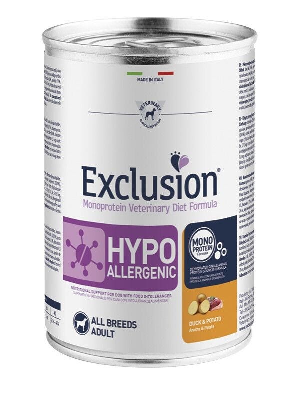 Exclusion Monoprotein Veterinary Diet Formula Hipoalergénico Húmedo Pato/Patatas Perros Lata 400 g