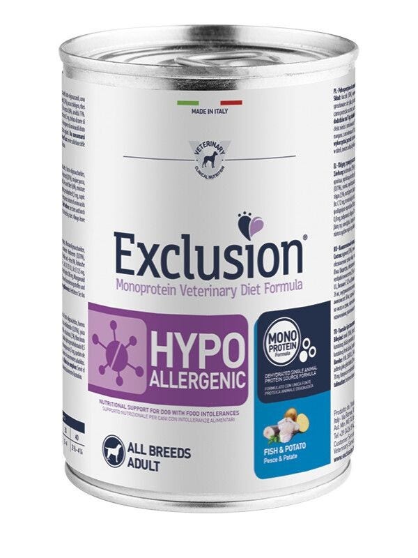 Exclusion Monoprotein Veterinary Diet hipoalergénico húmedo de pescado y patata para perros, lata de 400 g