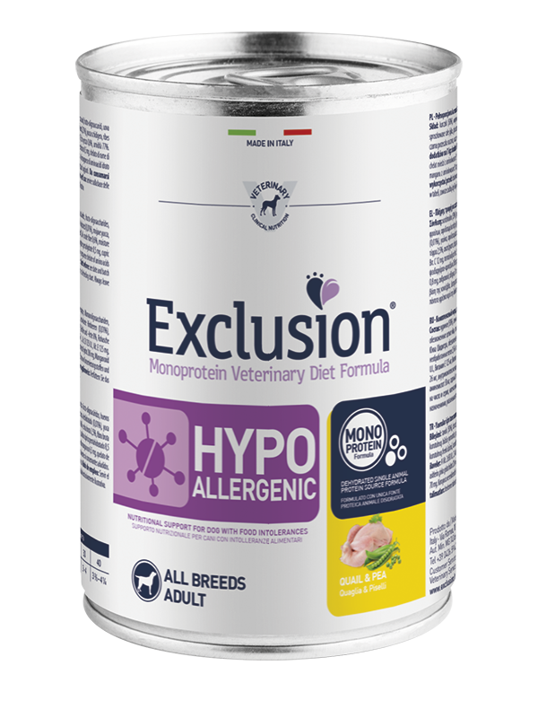 Exclusion Monoprotein Veterinary Diet Fórmula Hipoalergénica Húmeda Codorniz/Guisantes Para Perros Adultos Lata 400 g