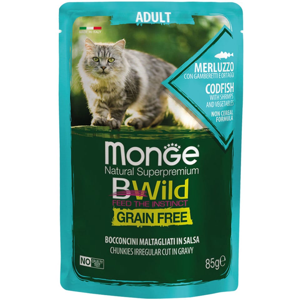 Monge B Wild Grain Free Bacalao, gambas y verduras. Comida húmeda para gatos adultos. 85 g