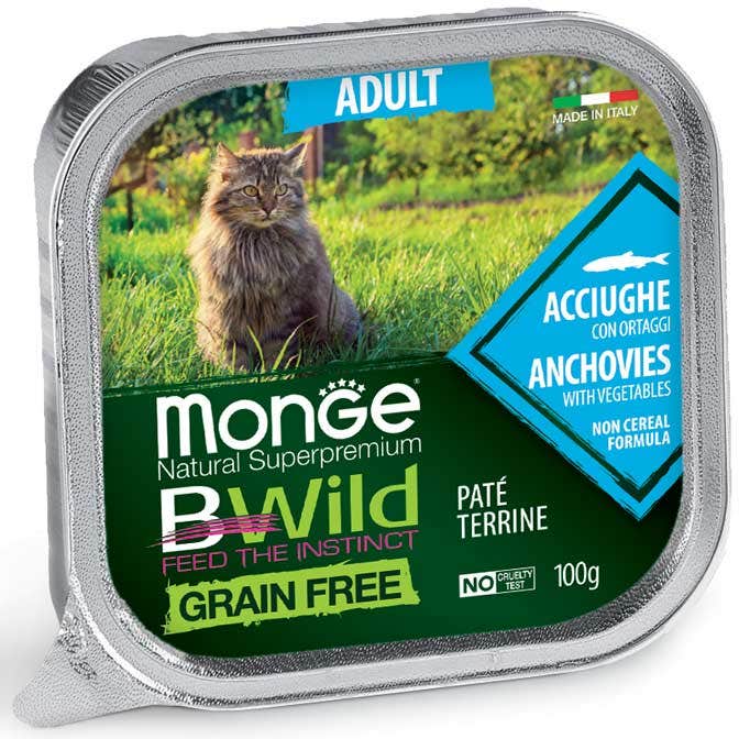 Monge B Wild Grain Free: Anchoas con verduras, comida húmeda para gatos adultos, 100 g