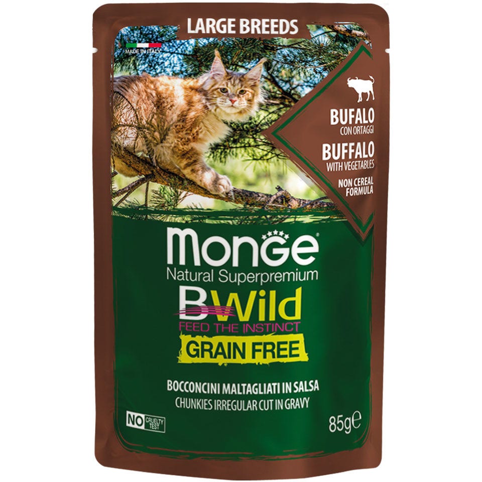 Monge B Wild Grain Free Búfalo con verduras, comida húmeda para gatos adultos y cachorros de raza grande, 85 g