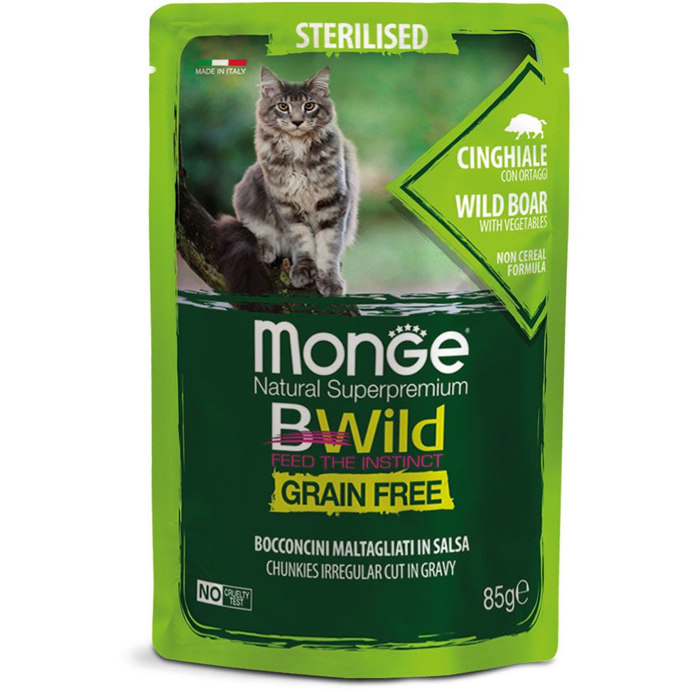 Monge B Wild Grain Free Jabalí con Verduras, Comida Húmeda para Gatos Esterilizados, 85 g