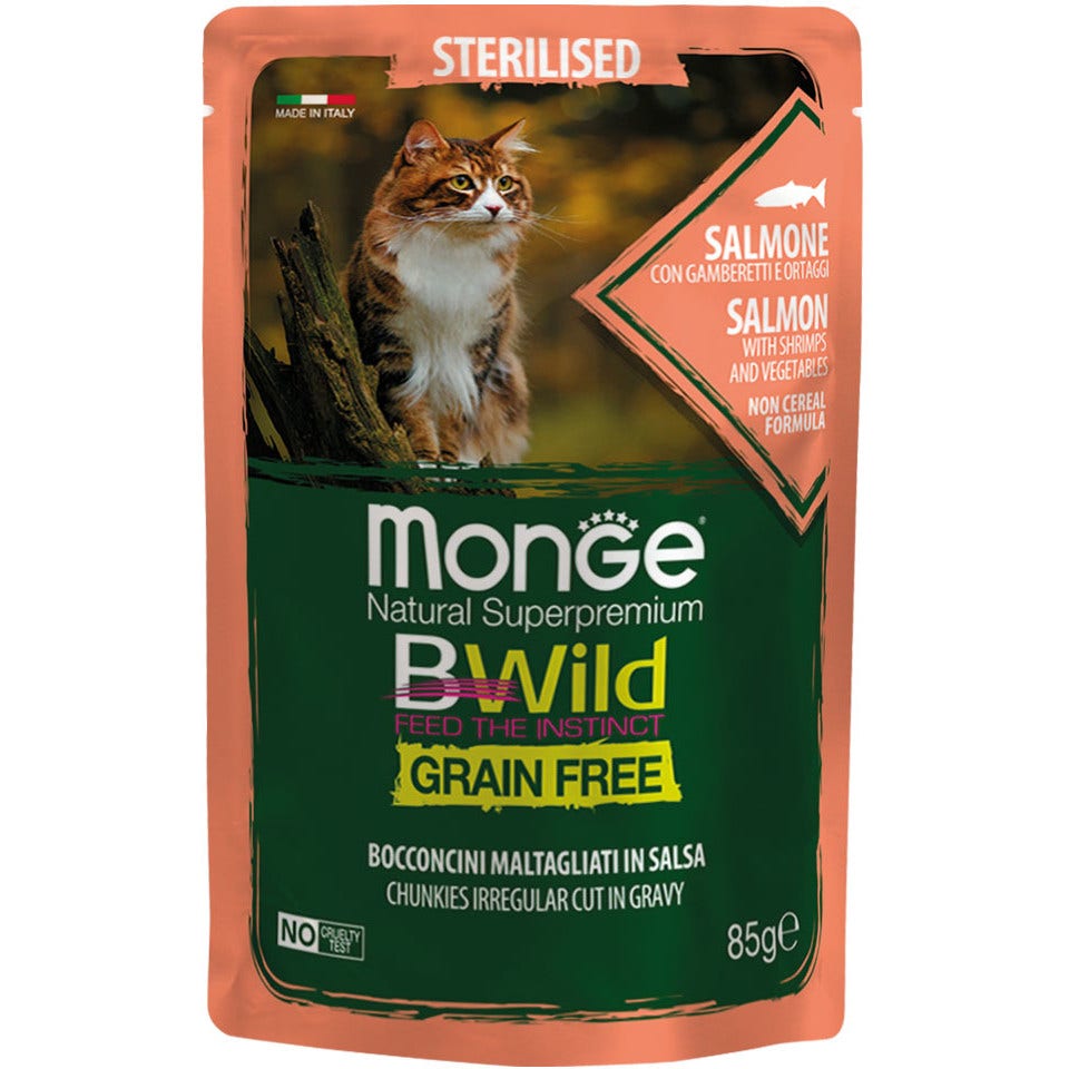 Monge B Wild Grain Free Salmón y gambas con verduras, comida húmeda para gatos esterilizados 85 g