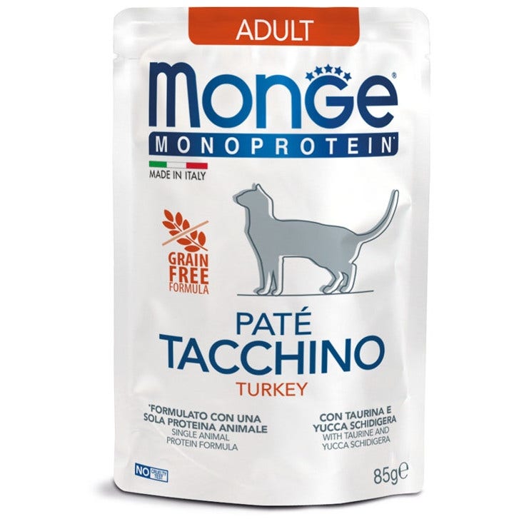 Monge Monoprotein Paté de pavo, comida húmeda para gatos adultos, 85 g