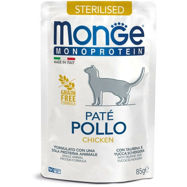 Monge Monoprotein Sterilised Paté de Pollo, comida húmeda para gatos adultos esterilizados, 85 g