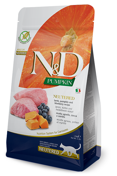 Farmina N&D Pumpkin Neutered Cordero y calabaza para gatos adultos esterilizados, bolsa de 300 g