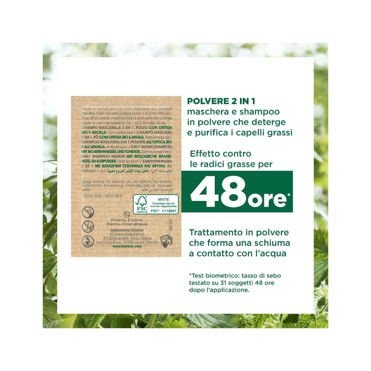 Klorane Shampoo Maschera Lavante 2 In1 Polvere Ortica E Argilla Bio Cuoio Capelluto Grasso 8X3g