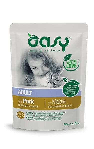 Oasy Wet Cat Bocaditos en salsa con cerdo para gatos adultos esterilizados 85 g