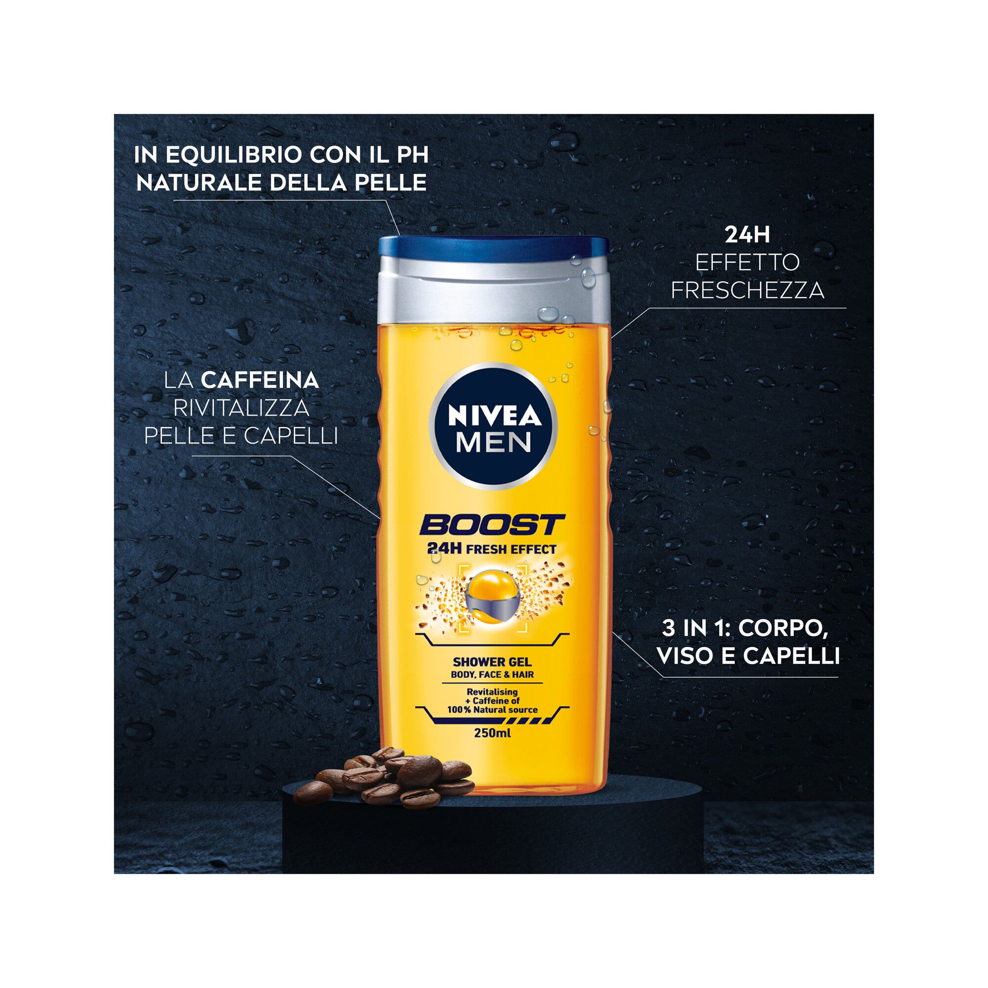 Nivea Men Doccia Shampoo Boost Docciaschiuma Uomo Energizzante Per Viso Corpo E Capelli 250ml