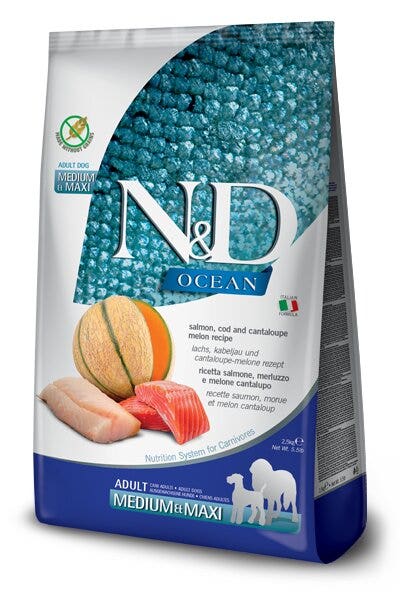 Farmina N&D Ocean Salmón y Bacalao para perros adultos de tamaño mediano y grande, saco de 12 kg