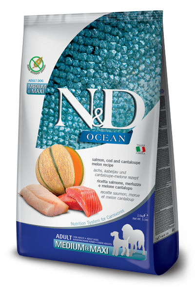 Farmina N&D Ocean Salmón y Bacalao para perros adultos de tamaño mediano y grande, saco de 12 kg