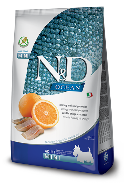 Farmina N&D Ocean Arenque y Naranja para perros adultos de tamaño mini, saco de 2,5 kg