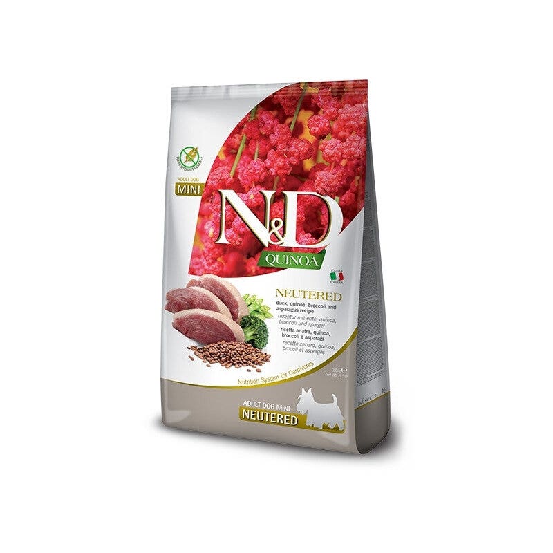 Farmina Natural & Delicious Mini Quinoa para perros castrados: pato, brócoli y espárragos, para perros adultos, 800 g