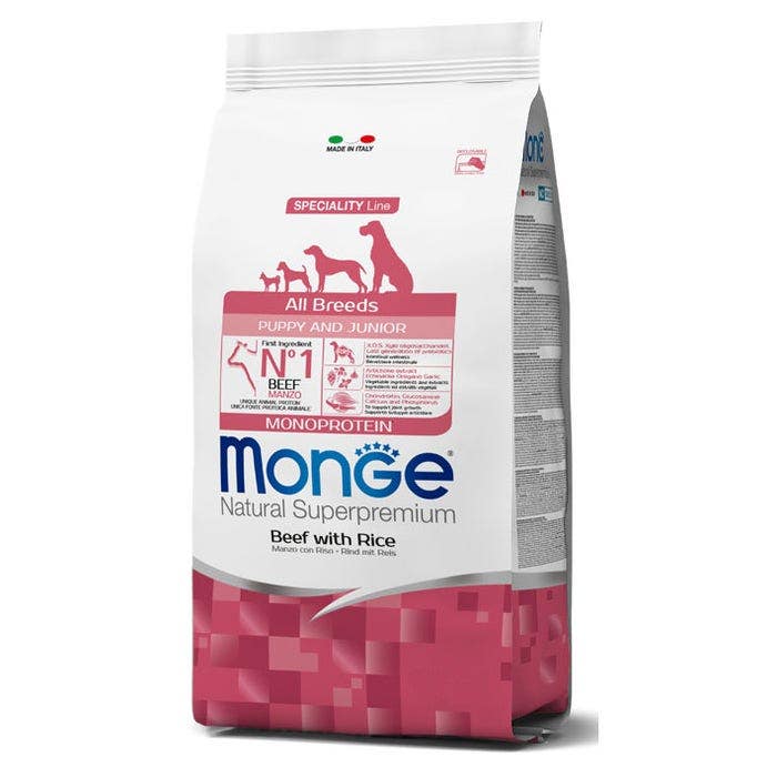 Monge Carne de ternera y arroz, pienso seco para cachorros, saco de 12 kg
