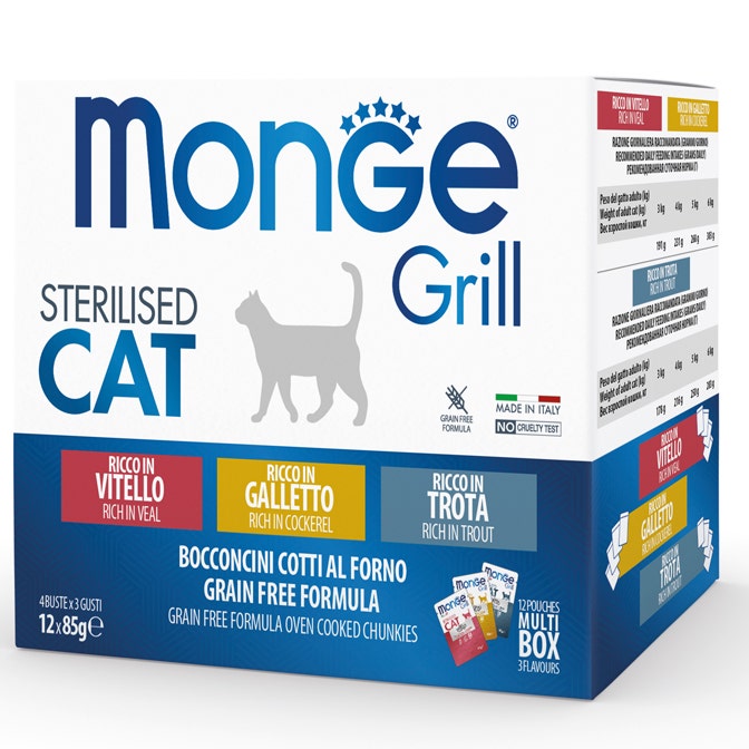 Monge Grill Sterilised Multibox Mix de ternera, pollo y trucha para gatos esterilizados, 12 bolsitas