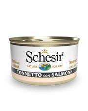 Schesir Atún con salmón, comida húmeda para gatos adultos, lata de 85 g