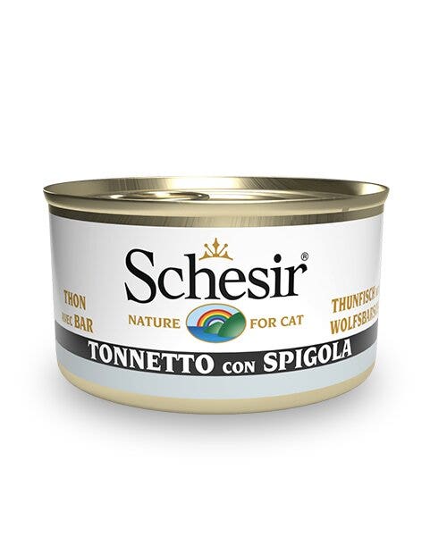 Schesir Atún con lubina, comida húmeda para gatos adultos, lata de 85 g