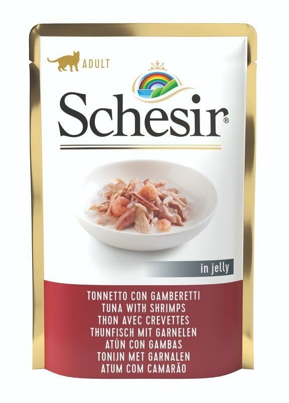 Schesir Tonnetto con gambas en gelatina, comida húmeda para gatos adultos, sobre de 85 g