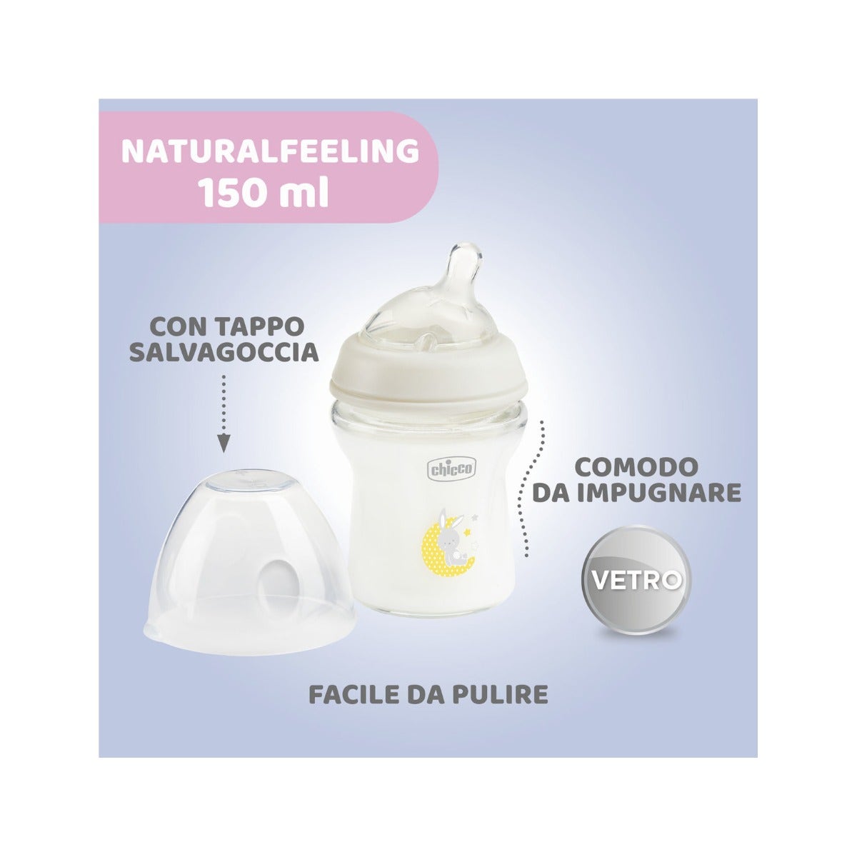 Chicco Biberón de cristal Natural Feeling Flujo lento 0 meses+ 150 ml