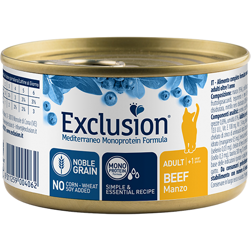 Exclusion Mediterraneo Monoprotein Noble Grain Comida húmeda de ternera para gatos adultos 85 g