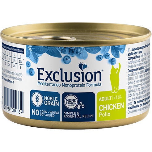 Exclusion Mediterraneo Monoprotein Noble Grain Comida húmeda de pollo para gatos adultos 85 g