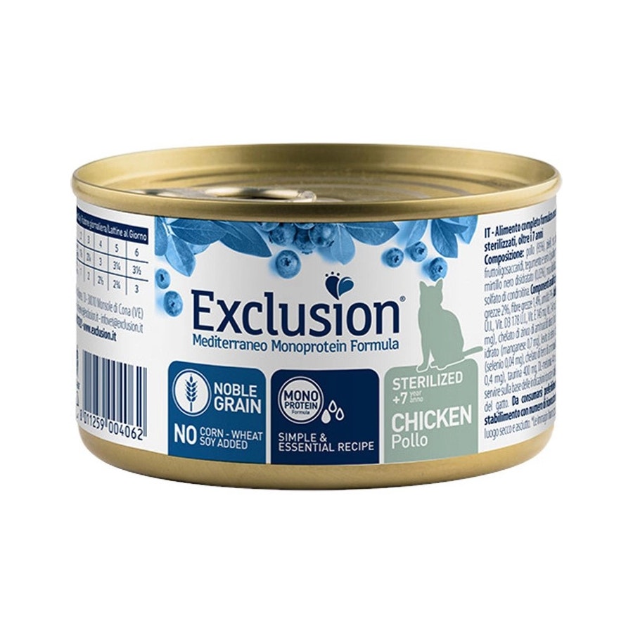Exclusion Mediterraneo Monoprotein Noble Grain Comida húmeda con pollo para gatos esterilizados +7 años Lata 85 g