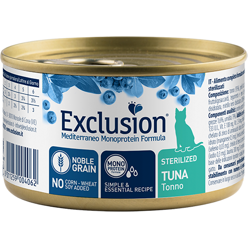 Exclusion Mediterraneo Monoprotein Noble Grain Comida húmeda de atún para gatos esterilizados 85 g