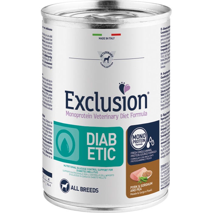 Exclusion Monoprotein Veterinary Diet Fórmula para Diabéticos, Comida Húmeda de Cerdo/Sorgo/Guisantes para Perros Adultos, 400 g