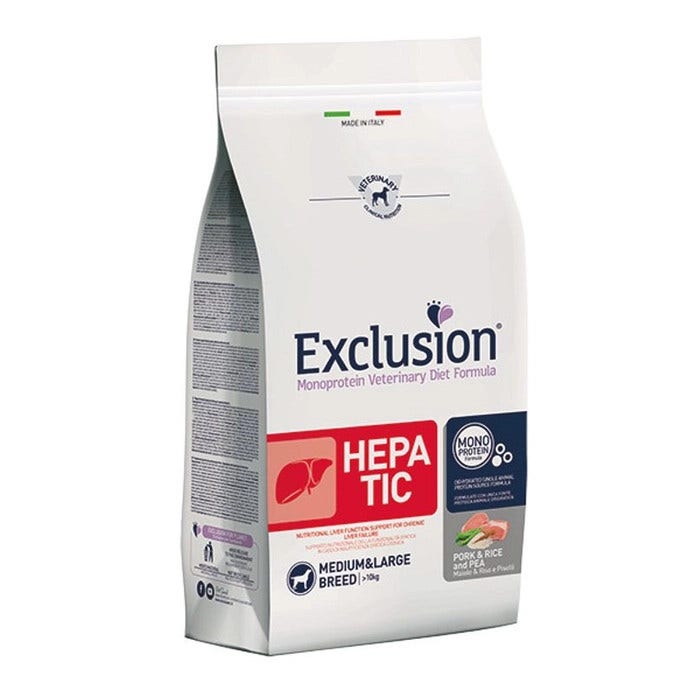 Exclusion Monoprotein Veterinary Diet Formula Hepatic Croquetas Cerdo/Arroz/Guisantes Perros Saco 2 kg