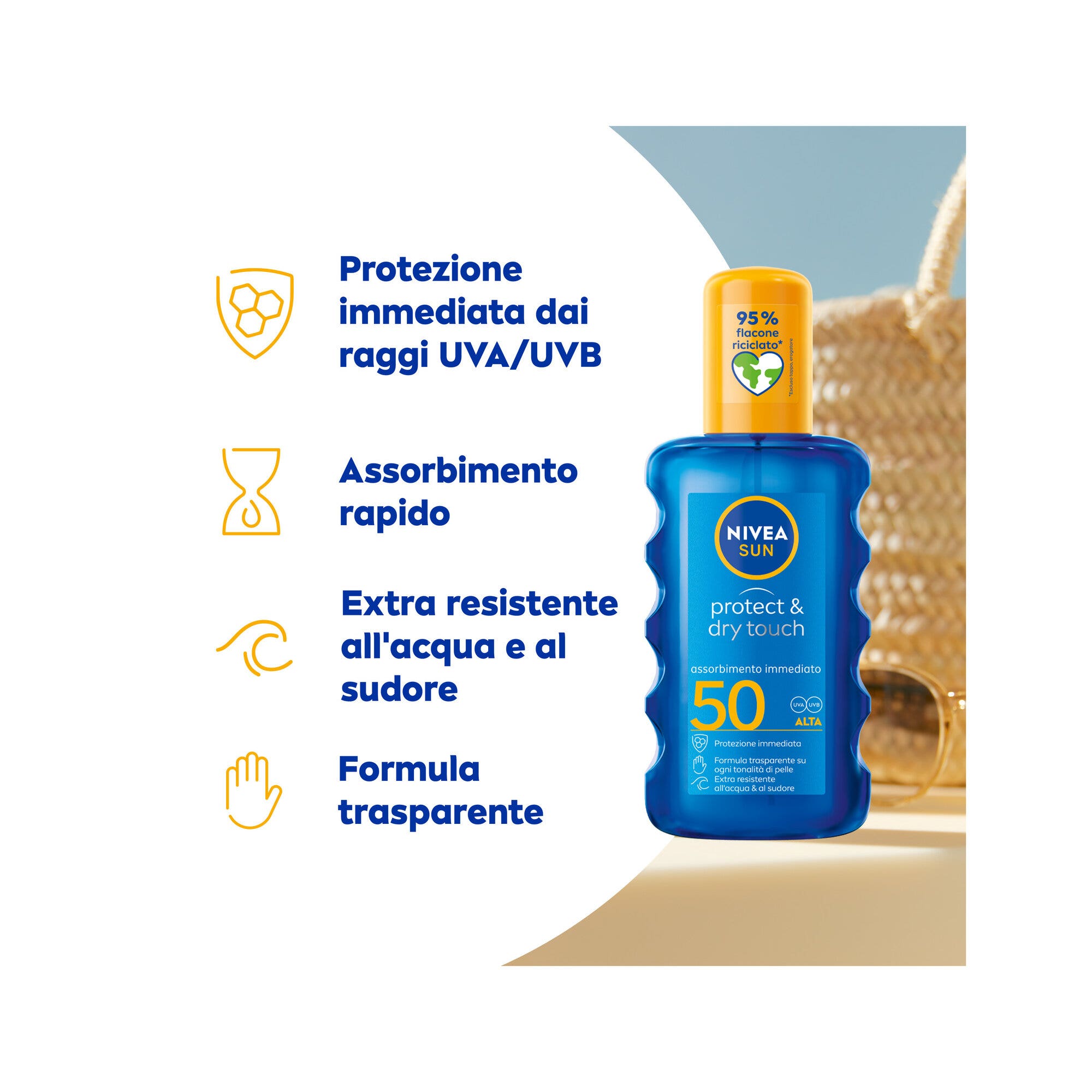 Nivea Sun Spray Solare Protect & Dry Touch Fp30 Crema Solare 100% Trasparente Per Sportivi 200ml