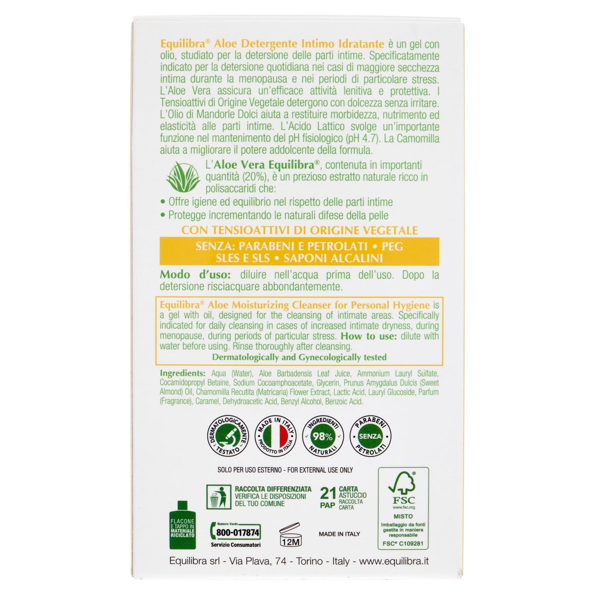Equilibra Aloe Detergente Intimo Idratante 200ml