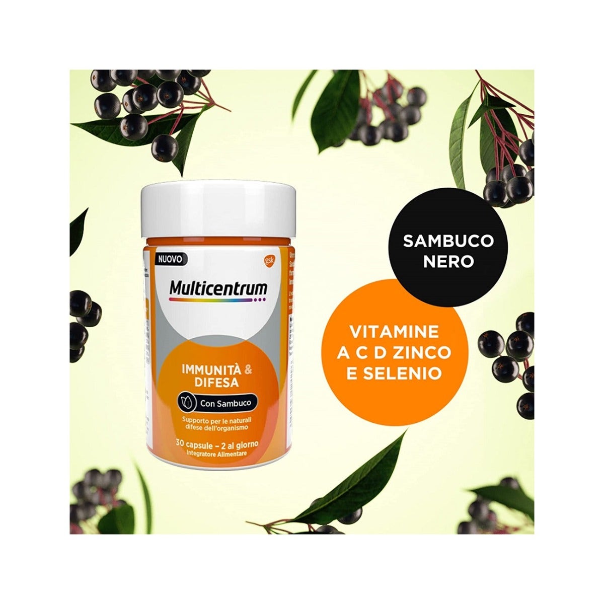 Multicentrum Inmunidad y Defensa con Saúco, Complemento Alimenticio con Vitamina C para las Defensas Inmunológicas, 30 Comprimidos