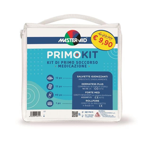 Kit de primeros auxilios: 12 toallitas + 12 compresas de gasa + 40 tiritas surtidas + tirita en rollo