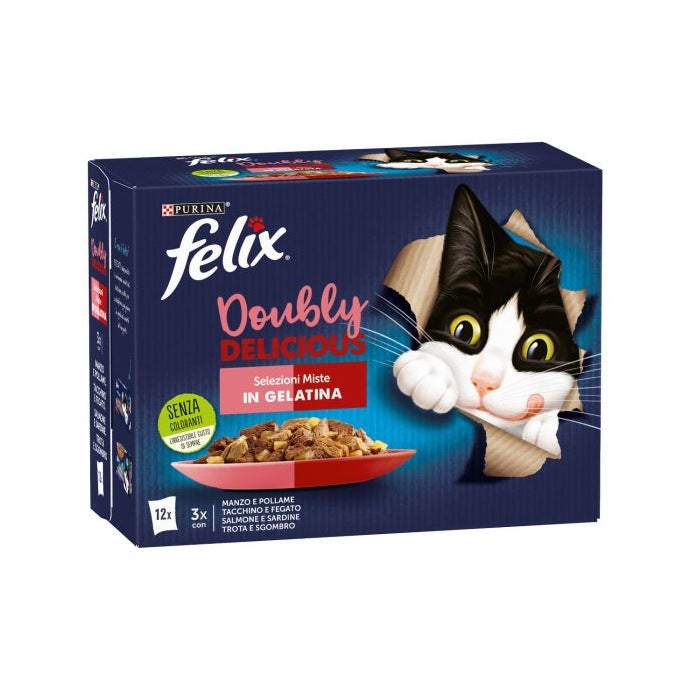 Purina Felix Le Ghiottonerie ternera/pavo/salmón/trucha, comida húmeda para gatos adultos, bolsa de 12 x 85 g